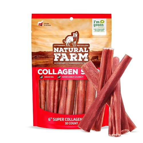 Natural Farm Odor-Free Super Collagen Dog Chews (6-Inch, 10-Pack) The First Ever Real Bull Sticks Alternative: 100% Natural Angus Hide Collagen Treats - More Protein, More Chew Time for All Dogs