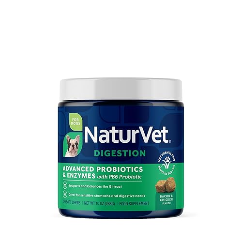 NaturVet Advanced Probiotics & Enzymes, PB6 Dog Soft Chews to Help Sensitive Stomachs and Digestive Issues, Hickory Smoked Bacon Flavored Pet Supplement for Dogs Over 6 Weeks, 120 Count Jar