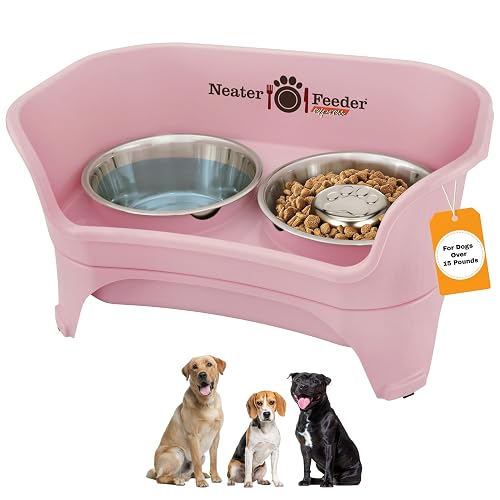 Neater Feeder - Express Model w/Slow Feed Bowl - Mess-Proof Dog Bowls (M/L, Pink) Made in USA โ Elevated, No Spill, Non-Tip, Non-Slip, Raised Stainless Steel Food/Water Pet Bowls Aid Digestion