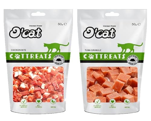 O'Cat Chicken Bite 50 GMS + O'Cat Tuna Granule 50 GMS pet Treats for Cats & Kitten | Dental & Training Cat Treats.