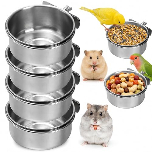 Okllen 4 Pack Bird Feeding Dish Cups, Detachable Stainless Steel Bird Food Bowls with Clamp for Chinchilla Parrot Cockatiel Conure Budgies Parakeet Small Animal