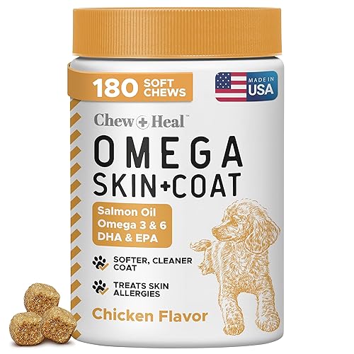 Omega 3 Fish Oil for Dogs - 180 Soft Chews - Itch Relief, Shedding & Hot Spots - Dog Allergy Relief - Salmon Oil Skin & Coat Supplement - EPA DHA - Chicken Flavor - Made in USA | Chew + Heal