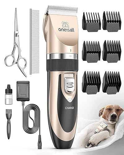 oneisall Dog Clippers Low Noise, Dog Grooming Kit with Rechargeable, Pet Shaver Cordless Electric Quiet Hair Clipper Set for Dogs Cats PetsďźGoldďź