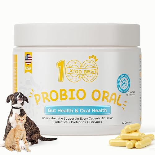 Oral Care Probiotics for Dogs – 33.3B CFU with Digestive Enzymes – Bad Breath Remedy, Gut Health, Immunity – 11 Patented Strains & Organic Prebiotics – for Cats (80 Capsules)