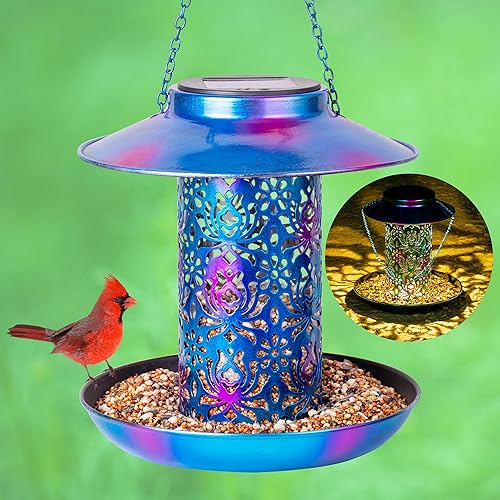 Ottsuls Solar Bird Feeder for Outdoors Hanging, Metal Wild Cardinals Garden Lantern with S Hook, Weatherproof and Water Resistant Birdfeeders as Gift Idea for Women Mom Grandma Bird Lovers (Blue)