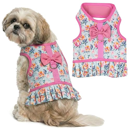 Parisian Pet Floral Dog Harness Dress - Breathable No Pull Puppy Dress with Pink Bow and Leash Ring - 100% Mesh Fabric Harnesses for Dogs - Soft Padded Step in Pet Vest - Dog Harness Medium Sized Dogs