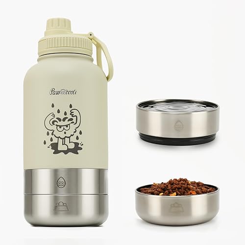 Pawccoli 34oz Dog Water Bottle, Stainless Steel Dog Water Bottle Dispenser with Detachable Food & Water Bowls, Keeps Water Hot/Cold, for Walking, Hiking, Camping(Cream)
