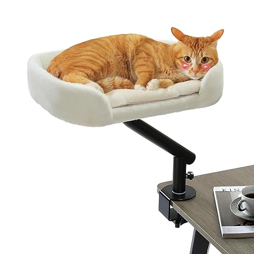 PAWZ Road Cat Desk Bed for Indoor Cats, Cat Bed for Desk Supports Up to 50 lbs, 360° Rotation & Adjustable, Nest Desktop Attachment Cats Hammock for Table, White