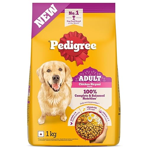 Pedigree Adult Dry Dog Food, New Chicken Biryani Flavour, 1 kg, Protein of 4 Chicken Pieces, Vitamin D3 of 6 Eggs, Calcium of 7 Cups of Yogurt, 100% Complete and Balanced Nutritionโ