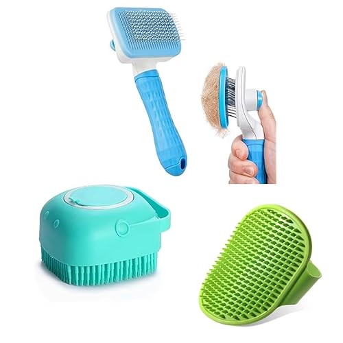 Pet Grooming Kit | 3 in 1 Grooming Set for Dog & Cat | SelfβCleaning Slicker Brush, Soap & Shampoo Dispenser with Soft Silicon Bristle | Hair Accessories for All Pets (Colour May Vary)