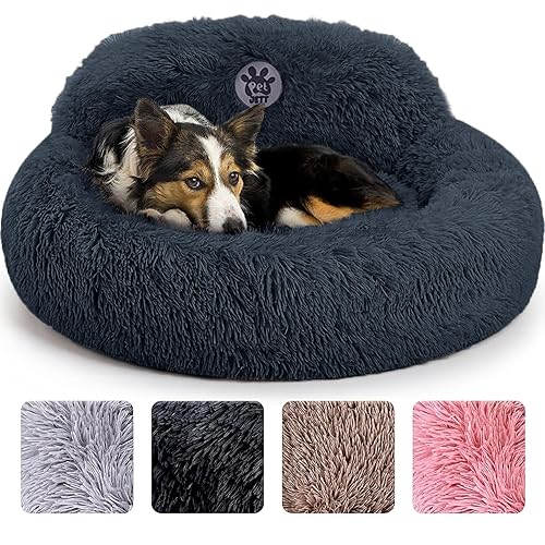 PetJett Calming Dog Bed Medium Size Dog - 30'' Donut Bed, Washable Dog Bed, Anti-Slip & Super Soft Fluffy Plush Round Dog Bed, Anti-Anxiety Premium Comfort Pet Bed, Fits Dogs Upto 45 lbs - Dark Grey