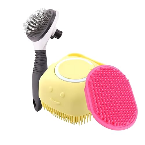 Pets Empire Self-Cleaning Pet Grooming Combo β Pack of 3 | Shedding Brush for Dogs & Cats, Body Scrubber with Shampoo Dispenser & Soothing Bath Brush | Easy to Use & Gentle on Fur
