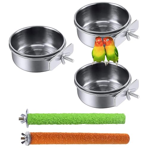 PINVNBY Stainless Steel Food Bowls for Birds,Bird Feeding Dish Cups Parrot Water Feeder Bowl with Clamp Holder Paw Grinding Perches for Budgies Parakeet Macaw Small Animal(5 Pack)
