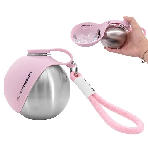 Portable Dog Water Bottle, Leak-Proof Stainless Steel Pet Travel Water Bottle with Silicone Bowl, Drinking Feeder for Pets Outdoor Walking, Travel, Food Grade Material (10 oz) (Pink)
