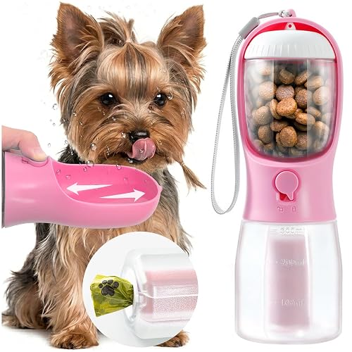 Portable Water Bottle for Small Dogs, 3 in 1 Animal Pet Travel Bowl Dispenser with Food Treat Container & Poop Bag Holder, Summer Hiking Walking Accessories for Puppy On The Go - Pink, 10oz