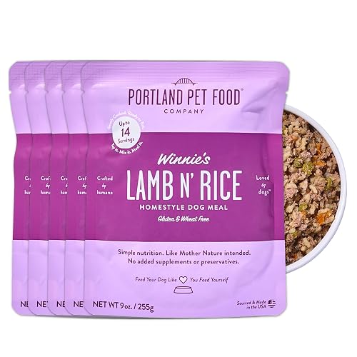 Portland Pet Food Company Fresh Dog Food Pouches - Human-Grade Toppers Wet Pet Meal & Mixers - Gluten-Free Limited Ingredient Winnie's Lamb N' Rice - Large & Small Breed Puppy & Senior Dogs - 5 Pack