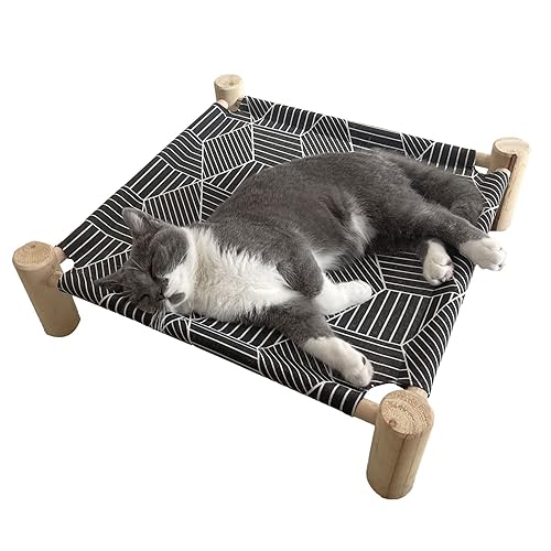 Pozico Cat/Dog Bed Hammock Cat Bed, Wooden Dog Elevated Indoor Outdoor Beds, Raised Cat Cots Furniture Pet Bed Puppy Bed Portable Breathable Mesh Cat Beds for Small Animals-Black Diamond