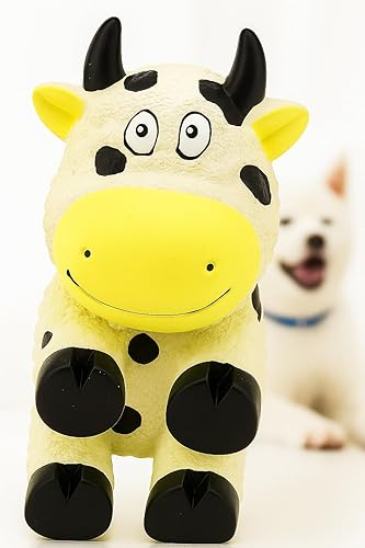 Premium Adorable Cow Shaped Latex Natural Rubber Dog Toy (Made in U.A.E) โ Soft, Squeaky, Farm Animal Design for Pets โ Fun Indoor Play Item (Milky White & Black)