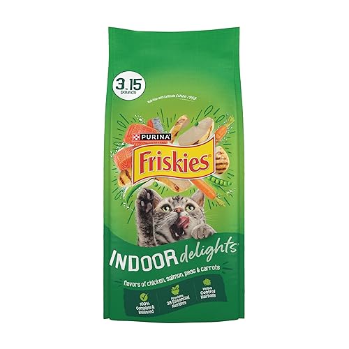 Purina Friskies Dry Cat Food Indoor Delights Flavors of Chicken, Salmon, Peas, and Carrots - (Pack of 4) 3.15 lb. Bags