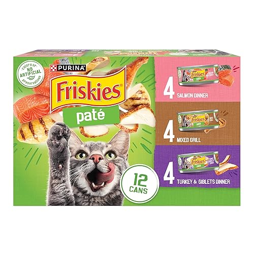 Purina Friskies Wet Cat Food Pate Variety Pack Salmon Dinner, Turkey and Giblets Dinner and Mixed Grill - (2 Packs of 12) 5.5 oz. Cans