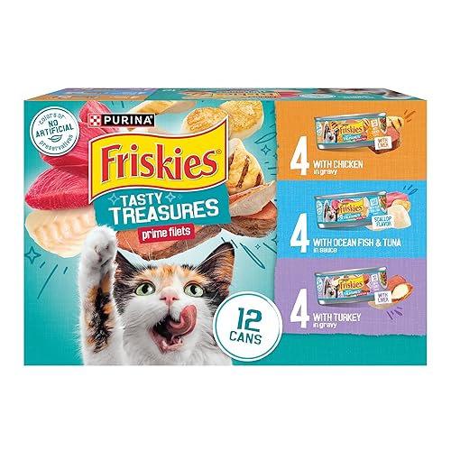 Purina Friskies Wet Cat Food Variety Pack, Tasty Treasures Prime Filets (With Ocean Fish and Tuna, With Chicken and With Turkey) - 5.5 Ounce (Pack of 12)