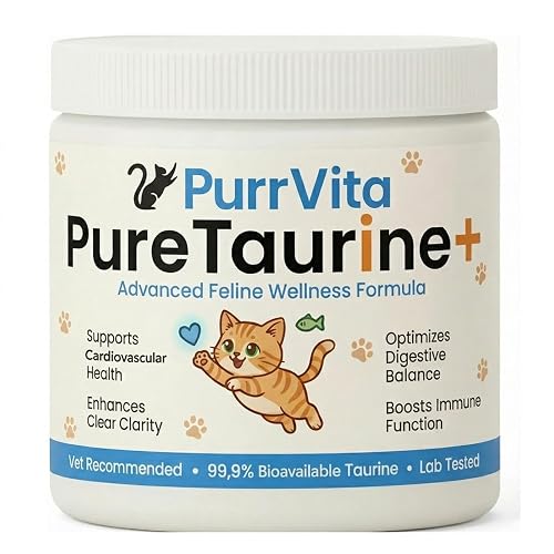 PurrVita Taurine for Cats, Pure Taurine Supplement for Cats, Supports Vitality & Coat Health, Easy to Mix in Food, with Dosing Spoon, 200 Grams