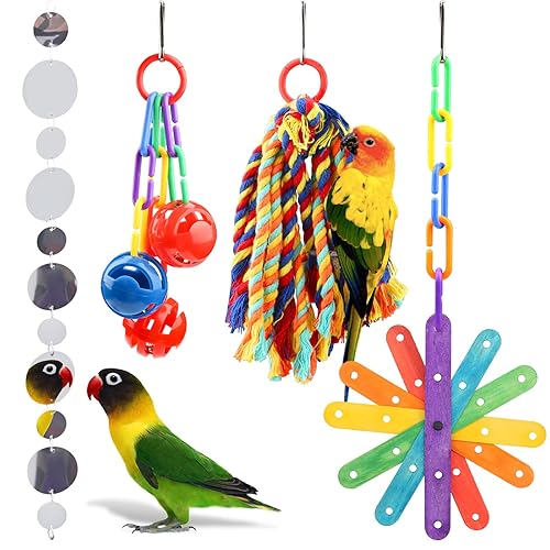 QUOZUO Small Bird Toys Parakeet Cage Accessories, Parakeet Toys, Swing Hanging Standing Chewing Toy, Bird Toys for Parakeets, Cockatiel, Parrot, 4pcs