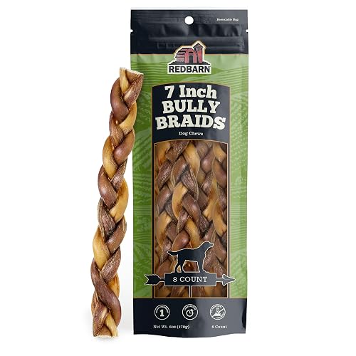 Redbarn Pet Products All-Natural 7" Braided Bully Sticks for Dogs - Premium Slow Roasted Long Lasting Chews Made with 100% Beef - Healthy Single Ingredient Low Odor - 8 Count - Packaging May Vary