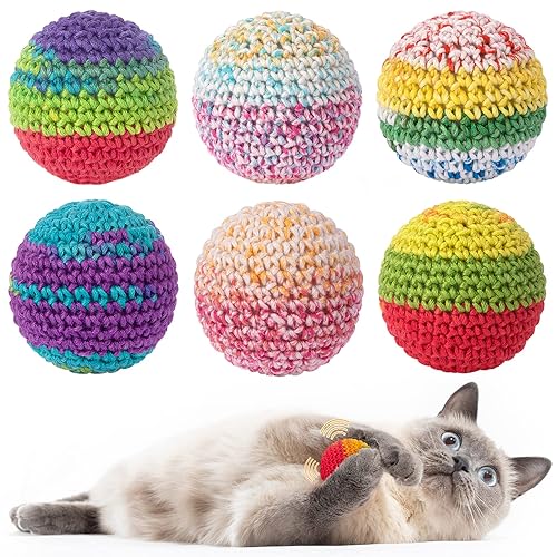 Retro Shaw Cat Toys Balls, Yarn Cat Ball with Bell Inside, Interactive Kitten Toys for Indoor Bored Cats, Handmade Crochet Kitty Ball 6 Pack