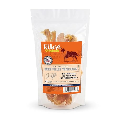 Riley's Beef Tendon Strips - Single Ingredient & Low Odor Beef Tendons for Dogs - Tendon Chews for Dogs Promotes Dental Health - All Natural Dog Treat for Small & Medium Breeds (4-6 inch, 12 Sticks)