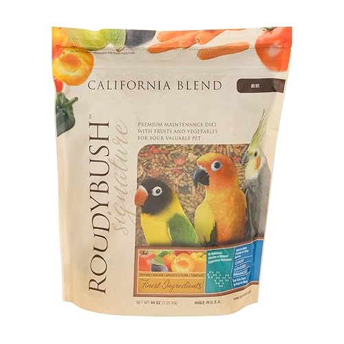 RoudyBush California Blend Pellets for Birds, Daily Food for Birds, Formulated with Dried Fruits, Vegetables, Corn, Wheat & Soy, Colorful Variety in a Complete Daily Feed, Mini Pellet, 44 OZ