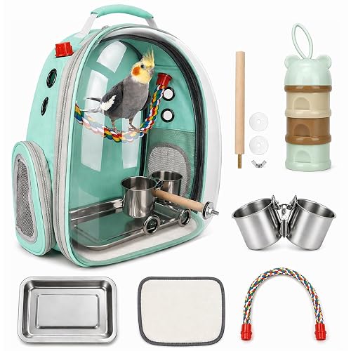Rypet Bird Carrier Backpack Parrot Portable Breathable Bag Pet Bird Lightweight Travel Cage with Standing Perch and Stainless Steel Tray(Mint Green)