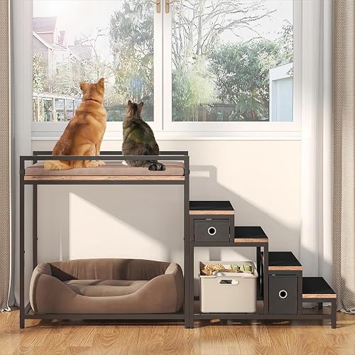 Saudism Pet Bunk Bed with Removable Stairs and 2 Drawers, Dogs/Cats Window Perch, Dog Window Seat with Soft Cushion, Ultra-Shallow Steps, Sturdy Metal Frame, Non-Slip, Load Capacity 60 LBS, Brown