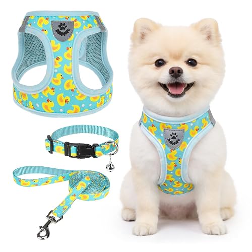 SCENEREAL Small Dog Harness and Leash Collar Set, Step in Soft Light Puppy Vest, Breathable Pet Harness for Small Sized Dogs, No Chock Reflective for Safe Outdoor Walking, Yellow Duck S