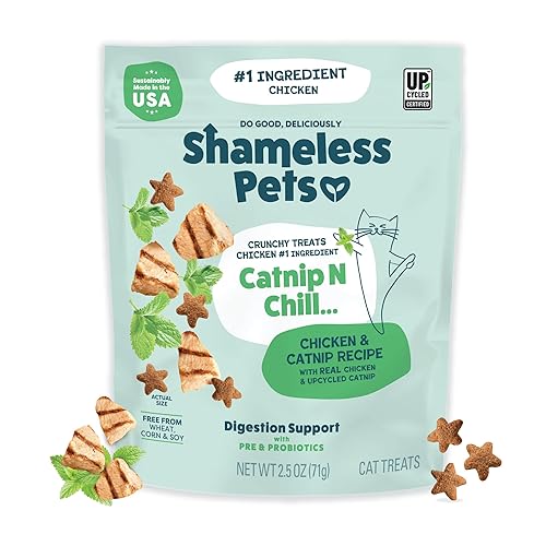 Shameless Pets Crunchy Cat Snacks & Treats – Healthy Cat Treats for Indoor Cats & Kittens with Catnip, Real Chicken & Digestive Support, Catnip N Chill (2.5 oz)