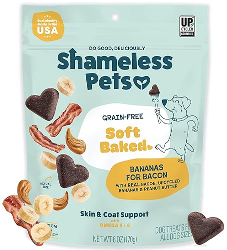 Shameless Pets Soft-Baked Dog Treats, Bananas for Bacon | Healthy Treats for Small, Medium & Large Dogs | Skin & Coat Support with Omega-3 & Omega-6 | Grain-Free, Made in USA | 6 oz
