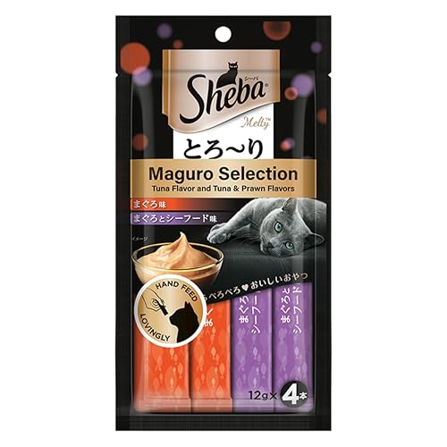Sheba Melty Premium Lickable Creamy Cat Treats, Maguro Selection โ Tuna & Tuna & Prawn Flavors, 4 Sticks x 12g (48g), Creamy Treats for Bonding