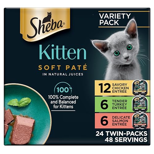 Sheba Perfect Portions Kitten Wet Cat Food Pate Chicken Entree, Salmon Entree, and Turkey Entree, 2.6 oz. Twin-Pack Trays (24 Count, 48 Servings)