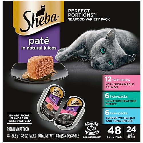 Sheba Perfect Portions Wet Cat Food Pate with Sustainable Salmon, Signature Seafood Entree, and Tender White Fish and Tuna Entree Variety Pack, 2.6 oz. Twin Pack Trays (24 Count, 48 Servings)