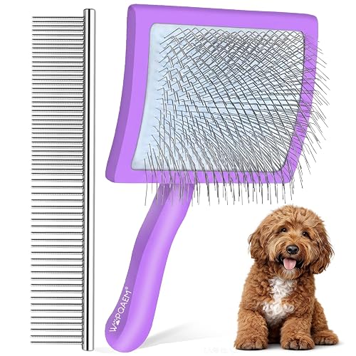 Slicker Brush for Dogs, Large Dog Brush to Long Haired Dogs for Golden Doodles Poodles and Golden Retriever with Long Pin Dematting Tool and Metal Comb for Curly, Matted & Thick Hair, Purple