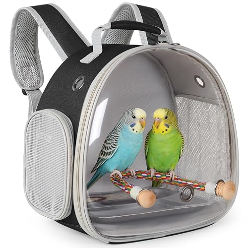 Small Bird Travel Backpack Carrier Cage, Backpack to Transport Backpack Carrier with Metal Tray Stand Perch for Parakeet Cockatiel Budgies Vet Carry Book Bag Black