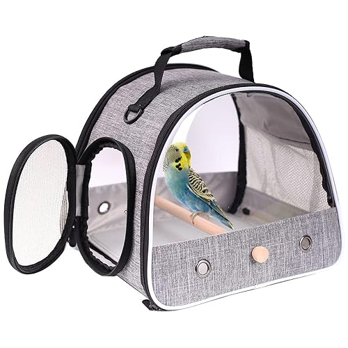 Small Bird Travel Carrier, Portable Bird Travel Cage for Parakeet, Parrot, Budgie, Guinea Pig, Bearded Dragon Reptile Carrier for Hiking Vet Visit Bicycle Ride (Grey)