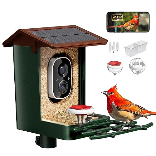 Smart Bird Feeder with Camera Solar Powered 2K HD Video, 10,000+ Species AI Recognition, Real-Time App Alerts, and Weatherproof Design for Effortless Birdwatching, Gift for Father's Day, Green Brown