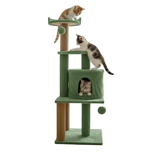 Soft Fur Activity Scratching Post/Cat Tree for Kittens & Cats - Natural Sisal Rope Triple Platform Tower (Height 43 Inch) (FURR - 3FLORR - Green)