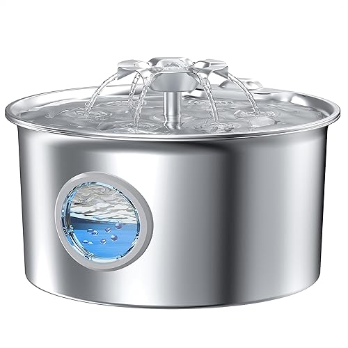 Stainless Steel Cat Water Fountain: 88oz/2.6L Ultra Quiet Pet Fountain with Flower Kitty Spout & LED Blue Light Water Dispenser with Water Level Window for Cats/Dogs Indoor (Silver) - IHOUONE