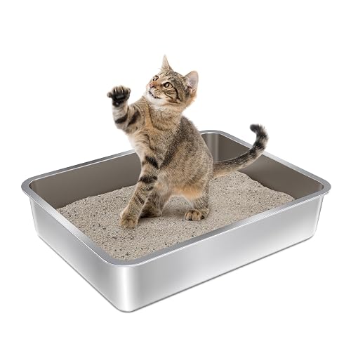 Stainless Steel Litter Box - 17.7" L x 13.77" W x 4" H Metal Cat Litter Box, Non Stick, No Smell, Easy Entry,Easy to Clean,Metal Litterbox for Kitten,Elderly Cats,Bunny