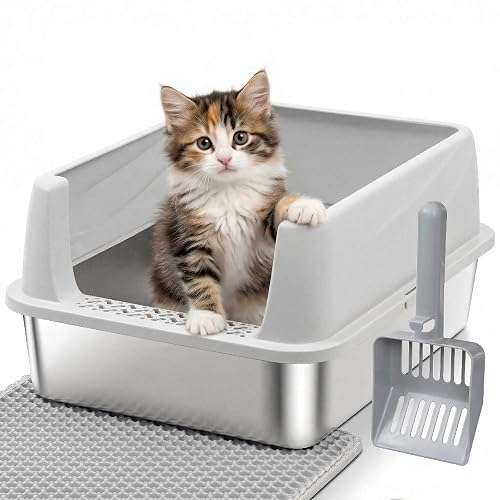 Stainless Steel Litter Box with High Sides, Small Metal Litter Box for Kittens & Medium Cats, Low Entry Kitten Litter Boxes with Scoop and Mat, Non-Sticky, Anti-Urine Leakage, Easy Cleaning