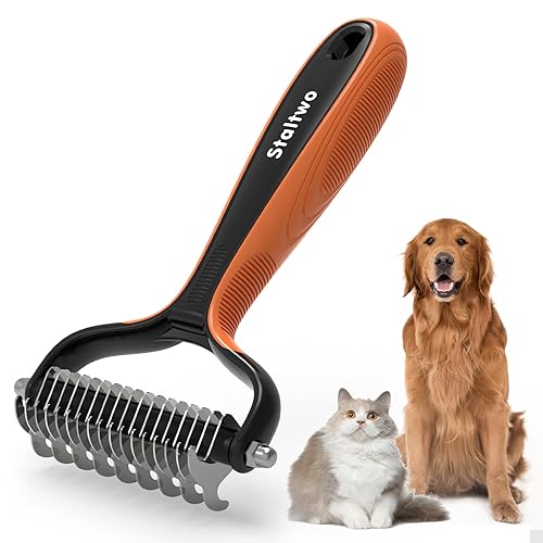 Staltwo Deshedding Dog Brush for Shedding - 2-in-1 Professional Undercoat Rake and Pet Grooming for Dogs and Cats | Shedding Control for Long-Haired Dogs and Cats, Deshedding Tool, Knot Removal,Orange