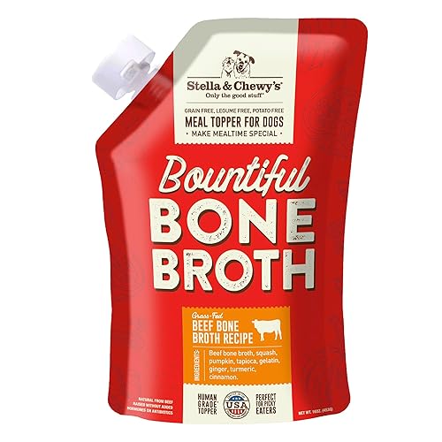 Stella & Chewy's Human-Grade Grass-Fed Beef Bone Broth for Dogs - Joint & Gut Health Liquid Food Topper with Collagen & Turmeric, 16 Fl Oz Resealable Pouch
