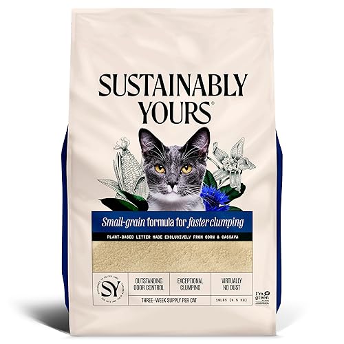 Sustainably Yours Natural Cat Litter, Small-Grain Formula, Exceptional Clumping & Odor Control, Virtually No Dust, Soft on Paws, Corn & Cassava Plant-Based, Unscented, 10 lbs